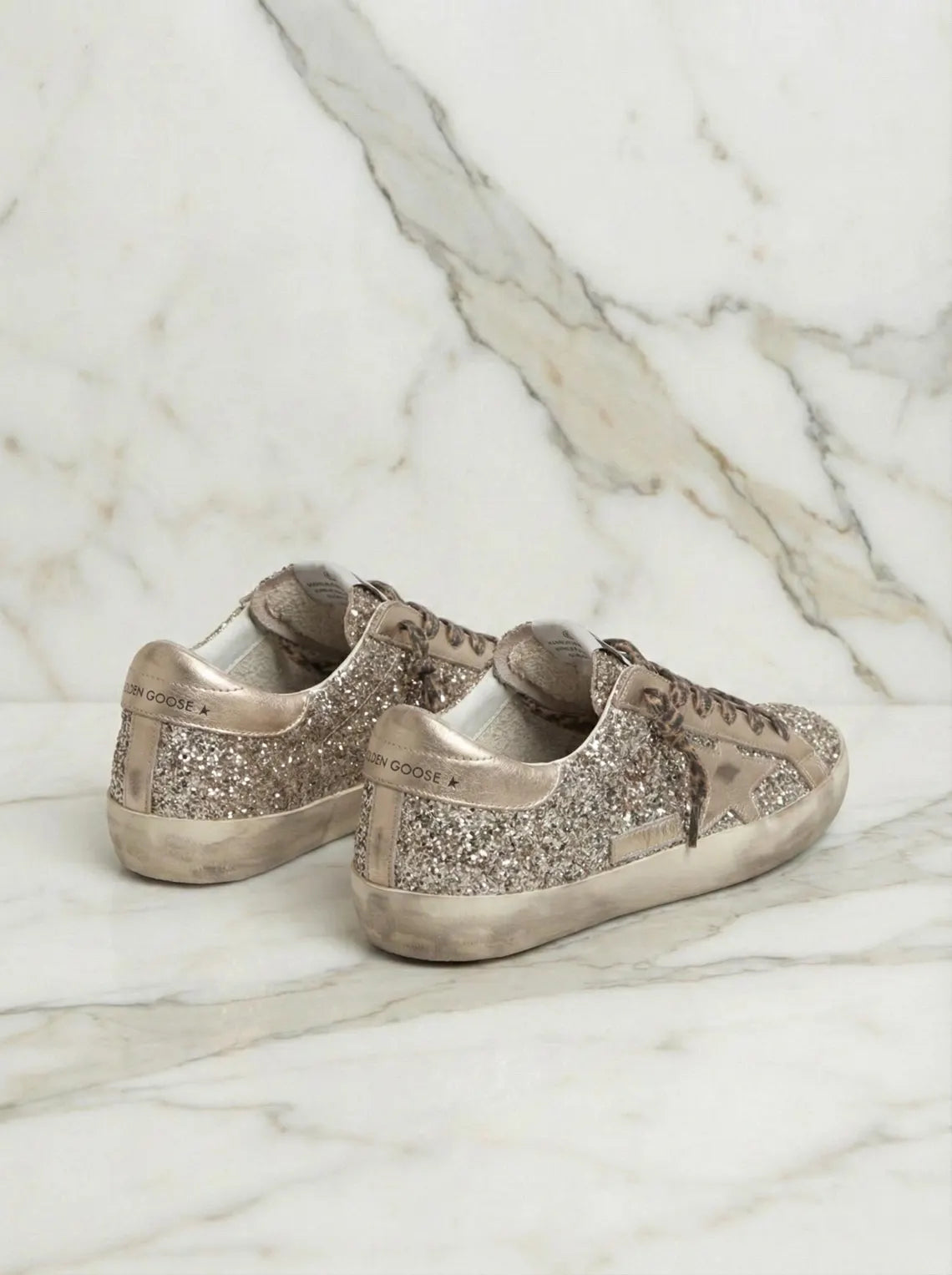 Golden Goose Superstar Glitter Sneakers Silver Gold - Distressed Low Top Trainers - Italian Luxury Designer Shoes