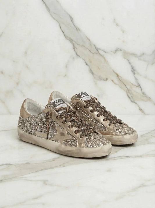 Golden Goose Superstar Glitter Sneakers Silver Gold - Distressed Low Top Trainers - Italian Luxury Designer Shoes